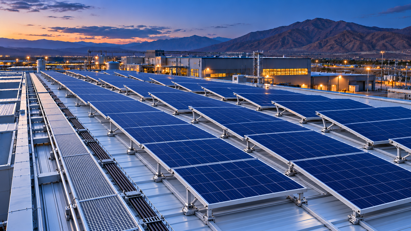 Visualización de sistema fotovoltaico industrial inclinado con soportes metálicos