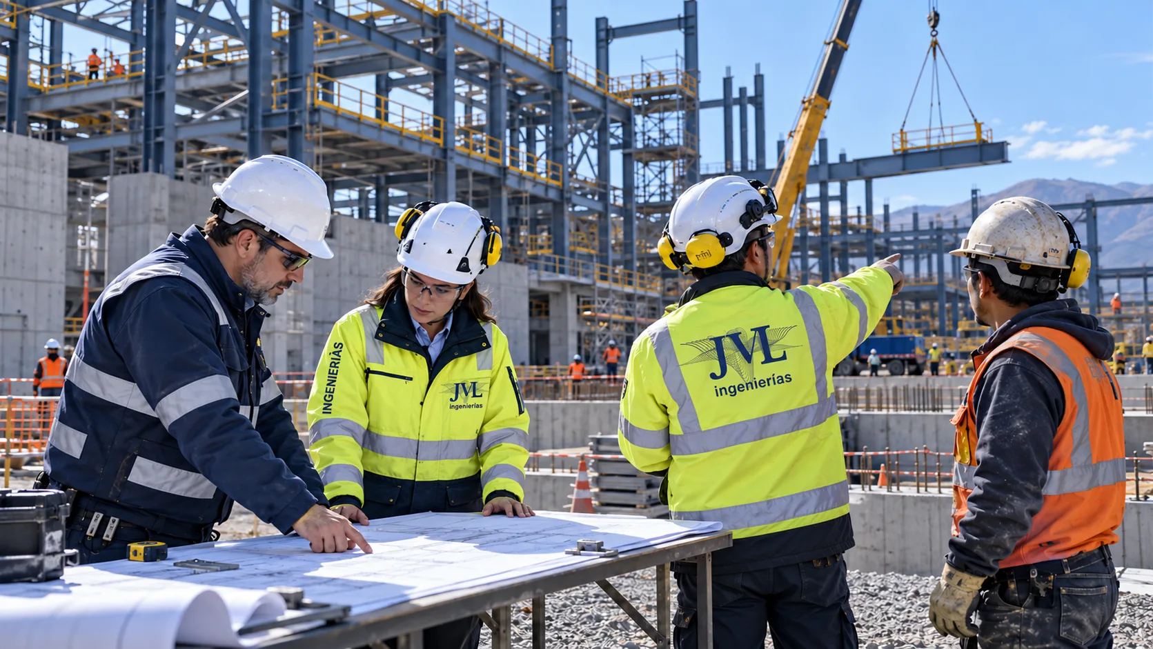 Equipo JVL revisando planos y coordinando trabajos en una obra industrial