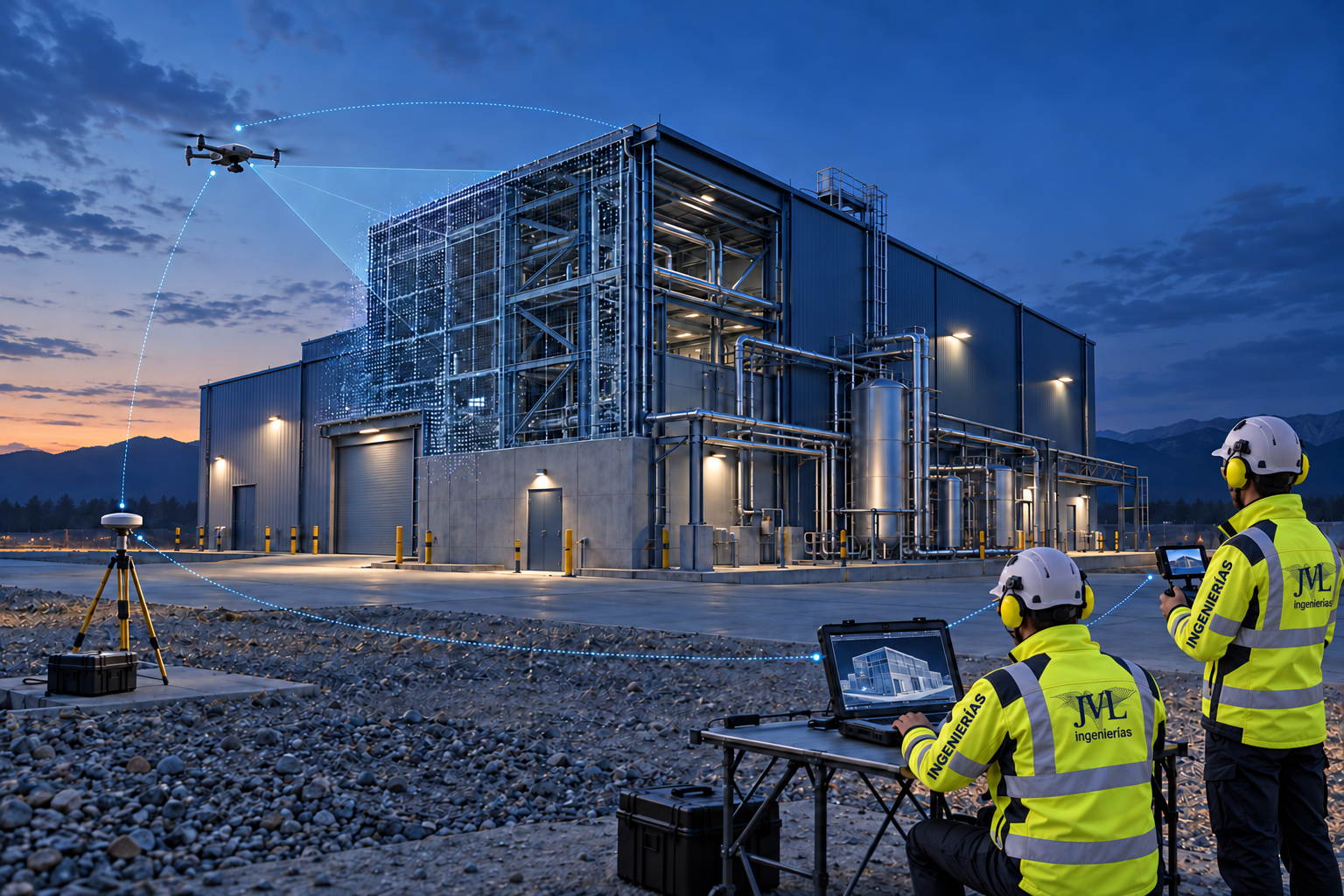 Ilustración de edificio industrial, captura fotogramétrica con dron y estación RTK, y equipo JVL con computador y control de vuelo.