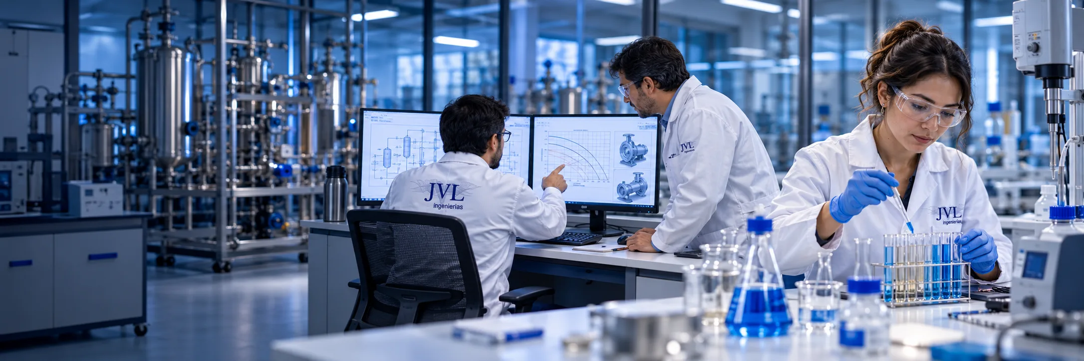 Equipo JVL en laboratorio, análisis de muestras y revisión de ingeniería de procesos