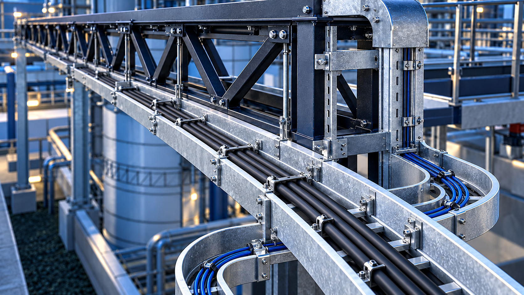 Visualización de puente estructural con escalerillas portacables para fuerza y control